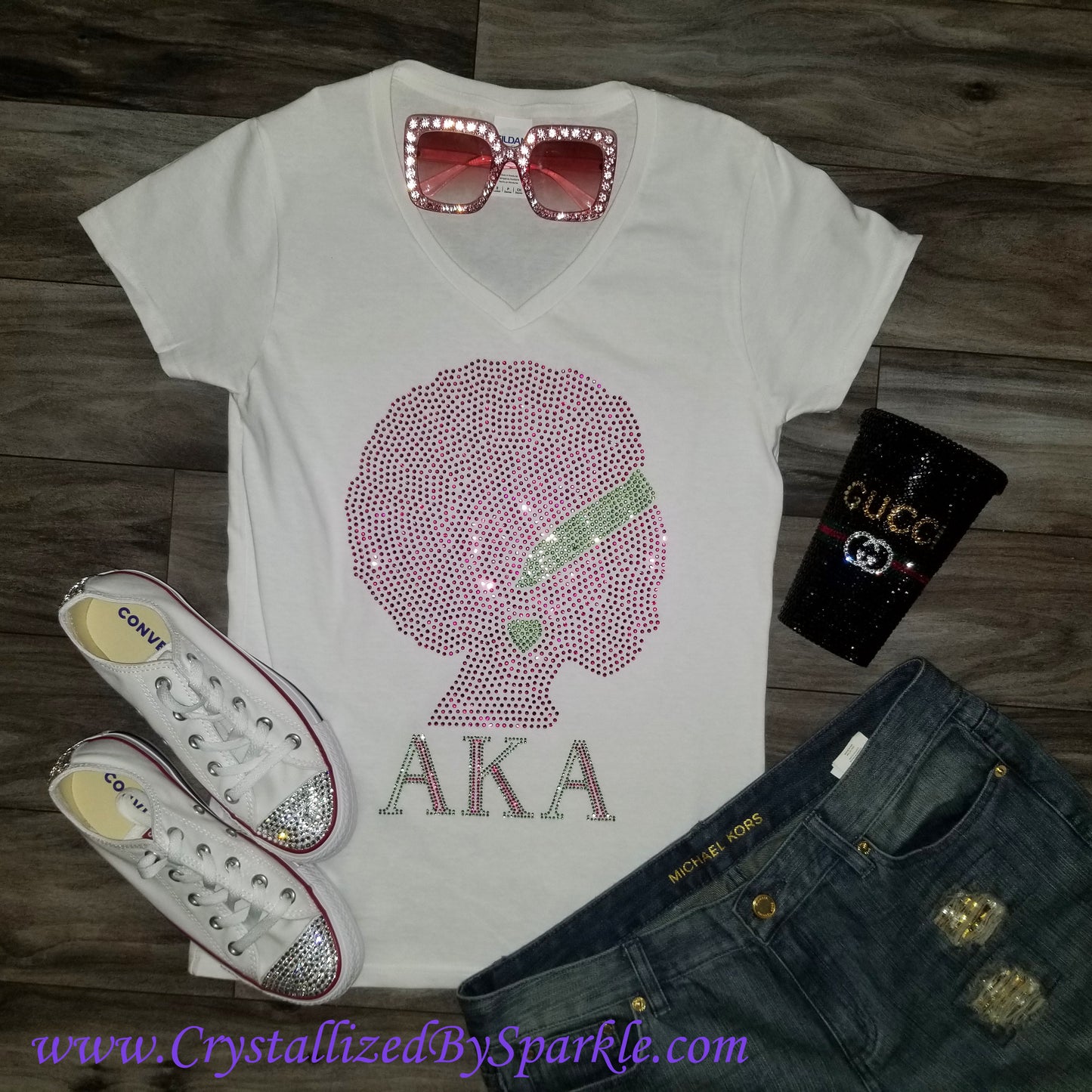 Pink & Green Afro Girl Rhinestone Tee