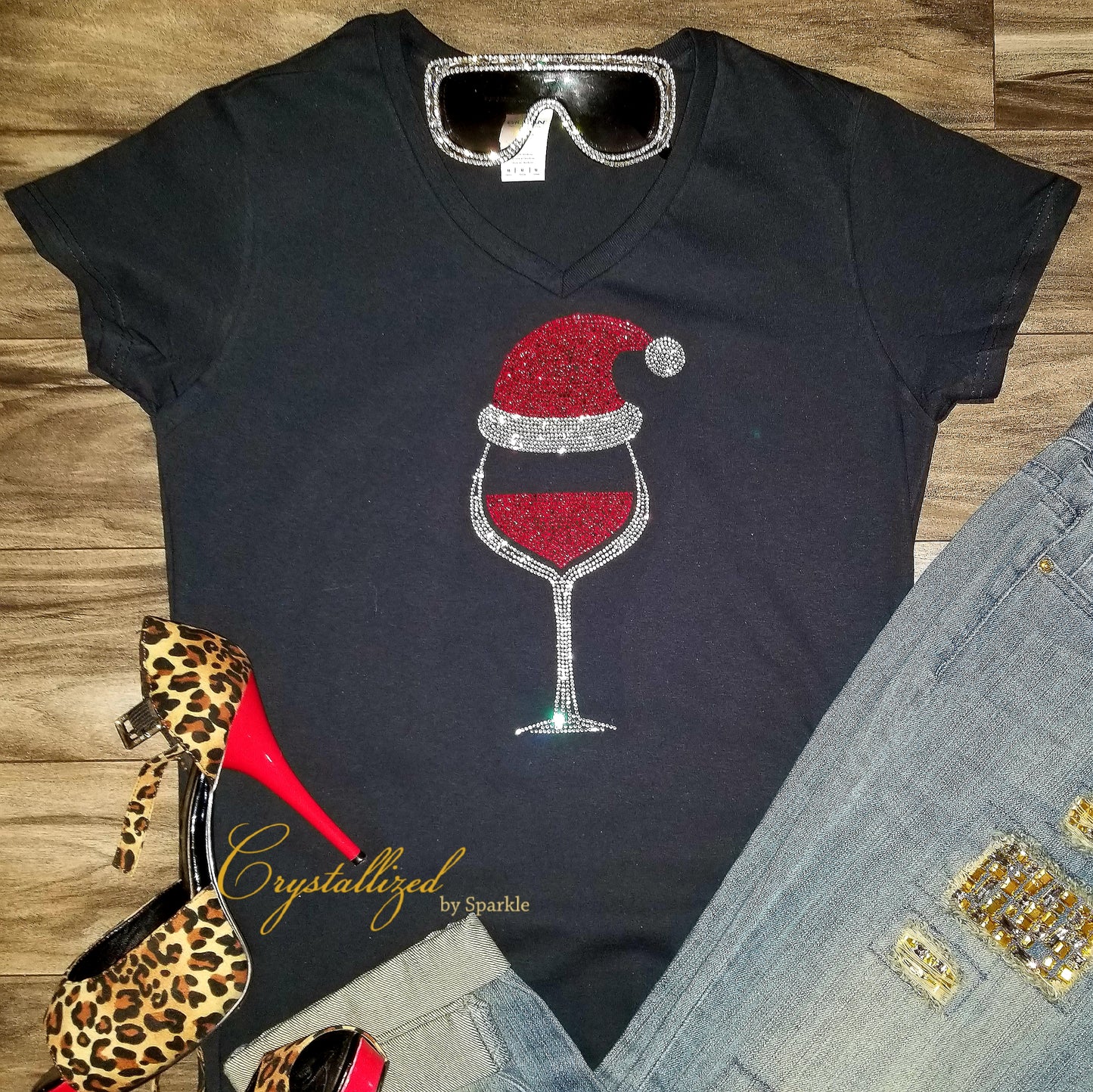 Santa's Wine Glass Rhinestone Tee