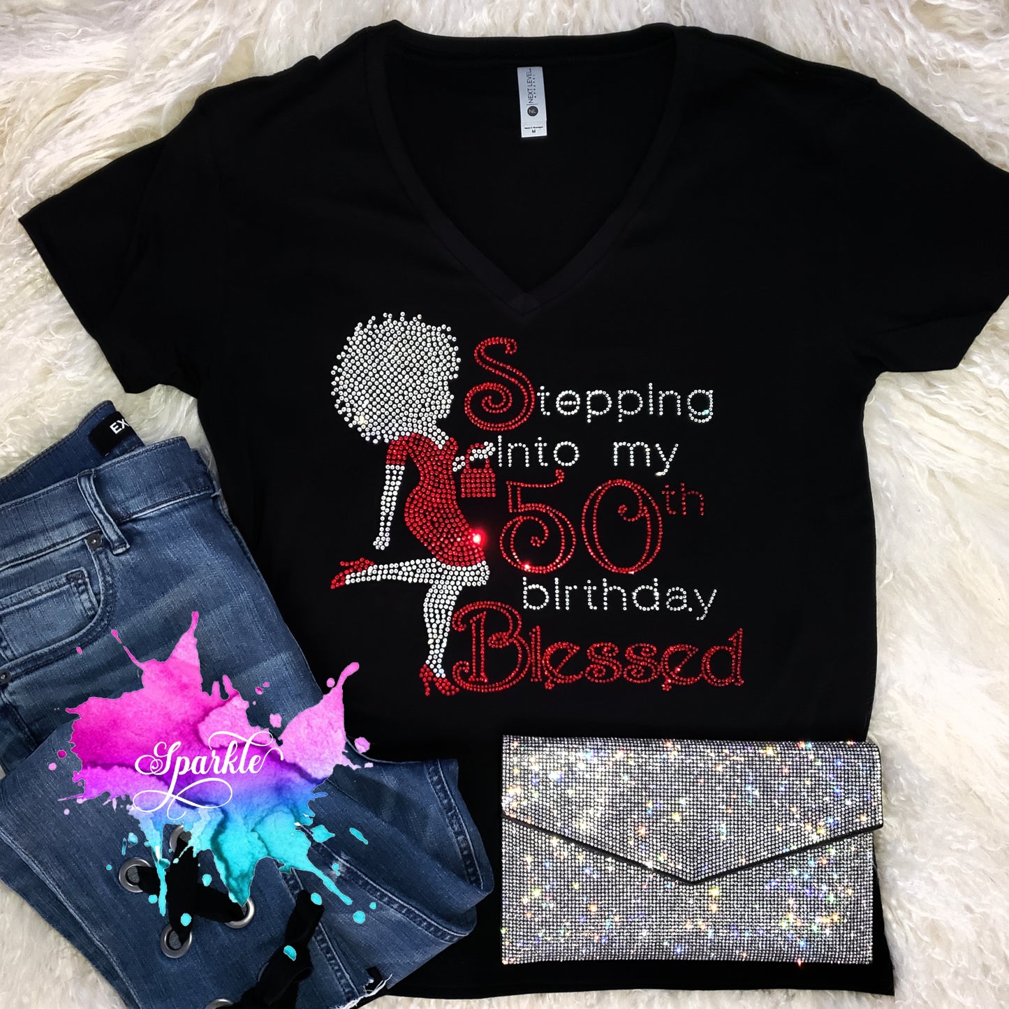 Stepping Into My Birthday Blessed Rhinestone Tee