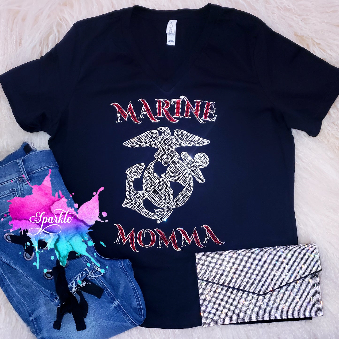 Marine Momma Rhinestone Tee