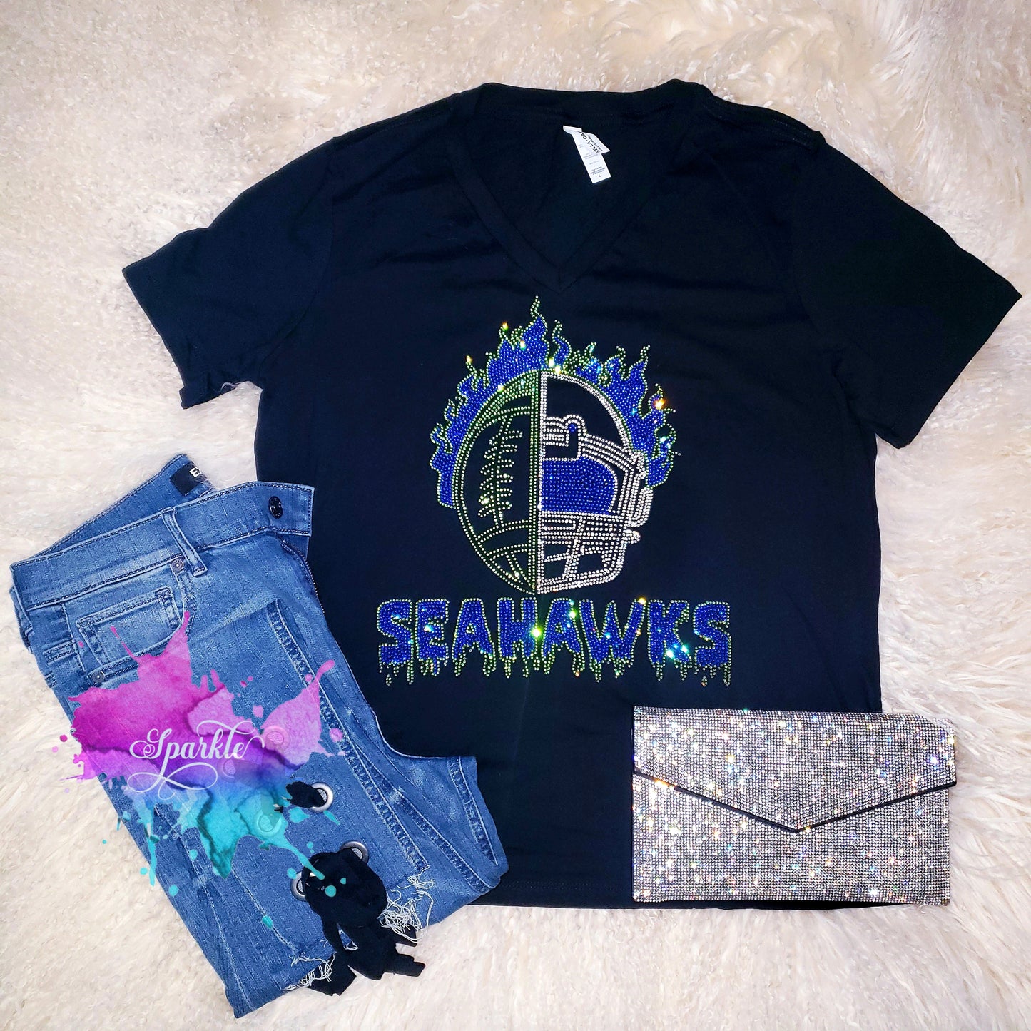 Flaming Seahawks Crystallized Tee