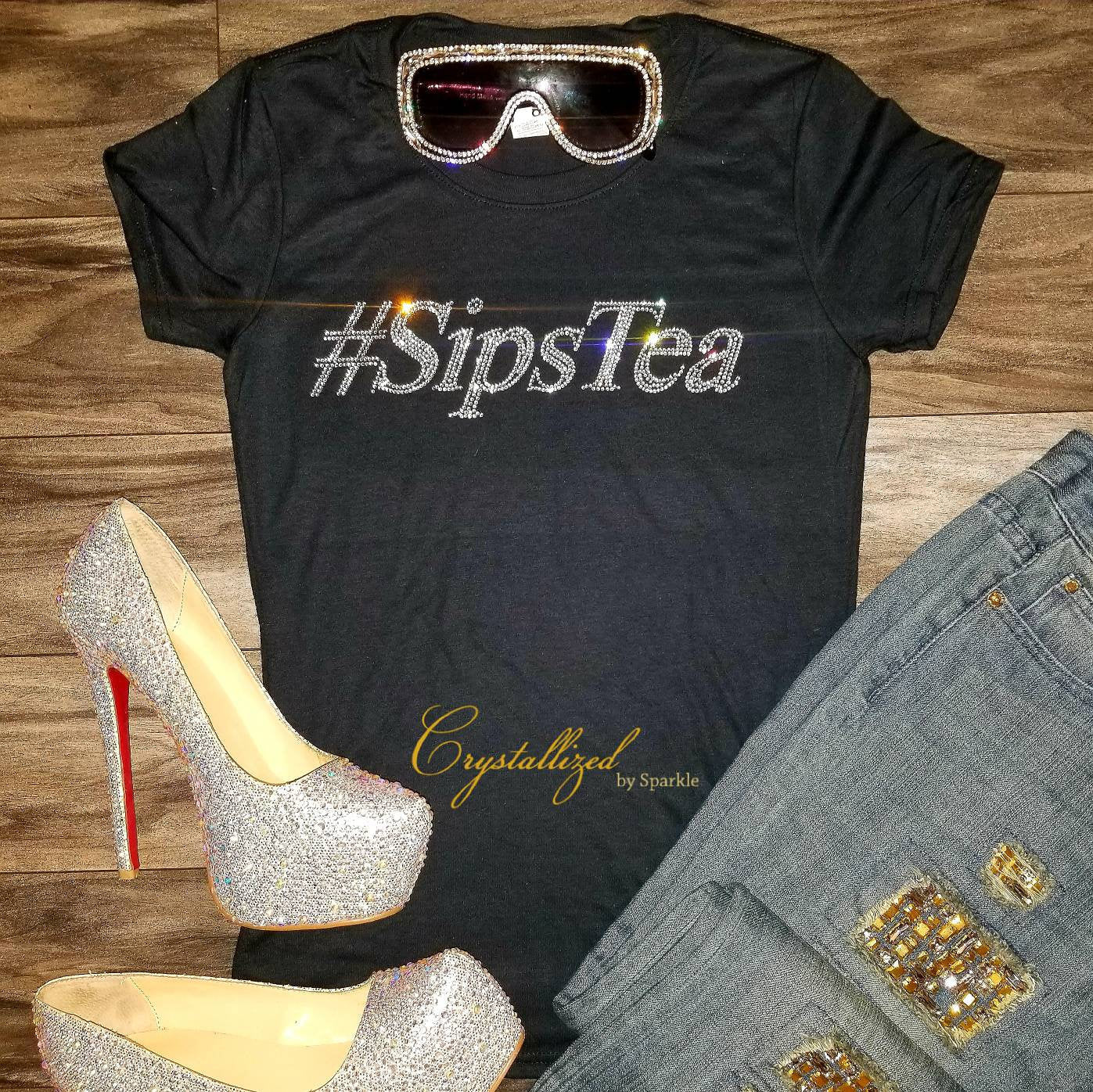 Sips Tea Bling Bling Crystallized Tee